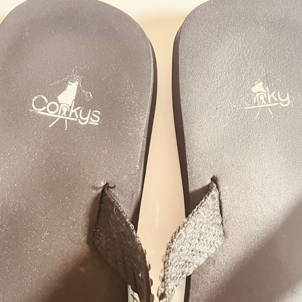 Corkys Madeline Flip Flop Clear Rhinestones On Black Fabric Straps Size 8 W/box - Picture 6 of 7